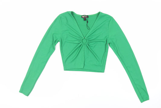 Pink Vanilla Womens Green Polyester Cropped Blouse Size S V-Neck - Front Detail