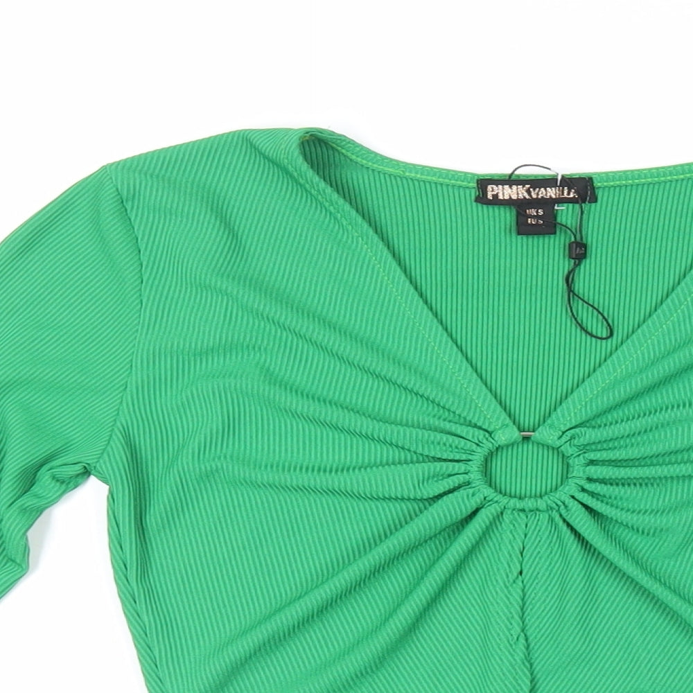 Pink Vanilla Womens Green Polyester Cropped Blouse Size S V-Neck - Front Detail