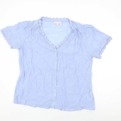 Monsoon Womens Blue Viscose Basic Button-Up Size L V-Neck