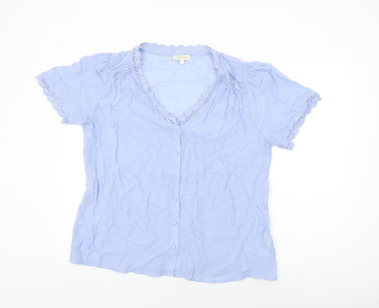 Monsoon Womens Blue Viscose Basic Button-Up Size L V-Neck