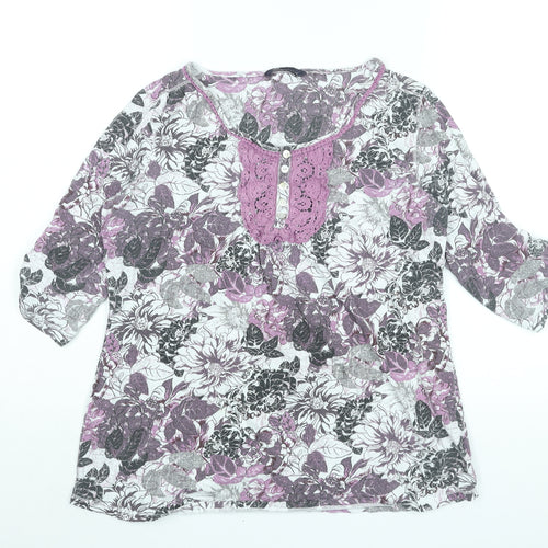 Marks and Spencer Womens Multicoloured Floral Cotton Basic Blouse Size 14 Round Neck - Button Detail