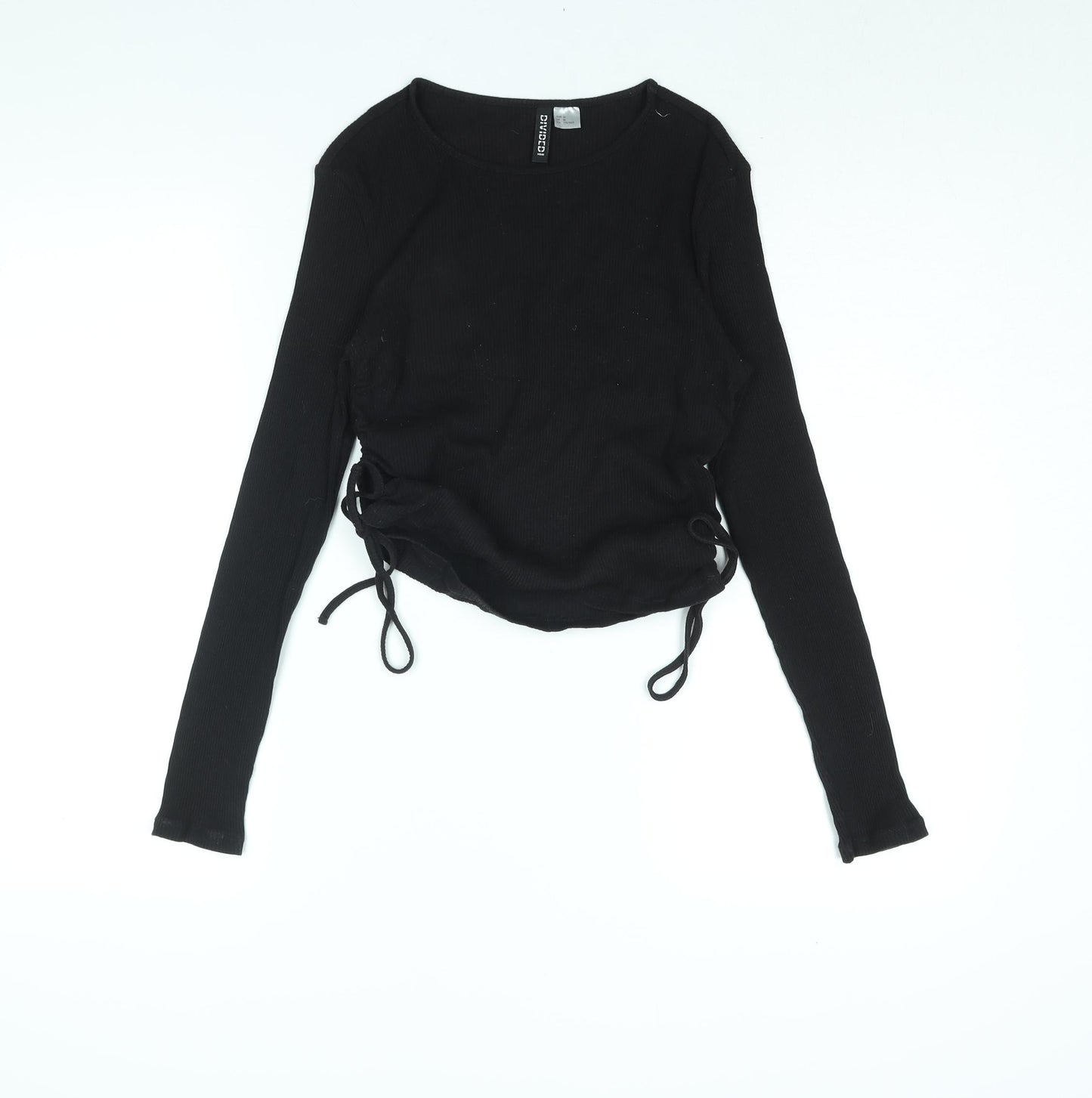 Divided by H&M Womens Black Cotton Basic Blouse Size M Round Neck - Drawstring Detail