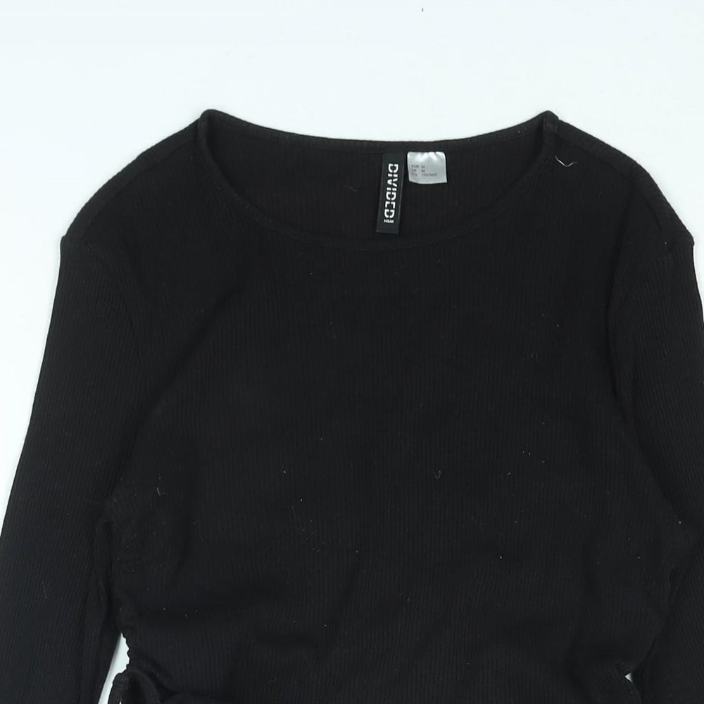 Divided by H&M Womens Black Cotton Basic Blouse Size M Round Neck - Drawstring Detail