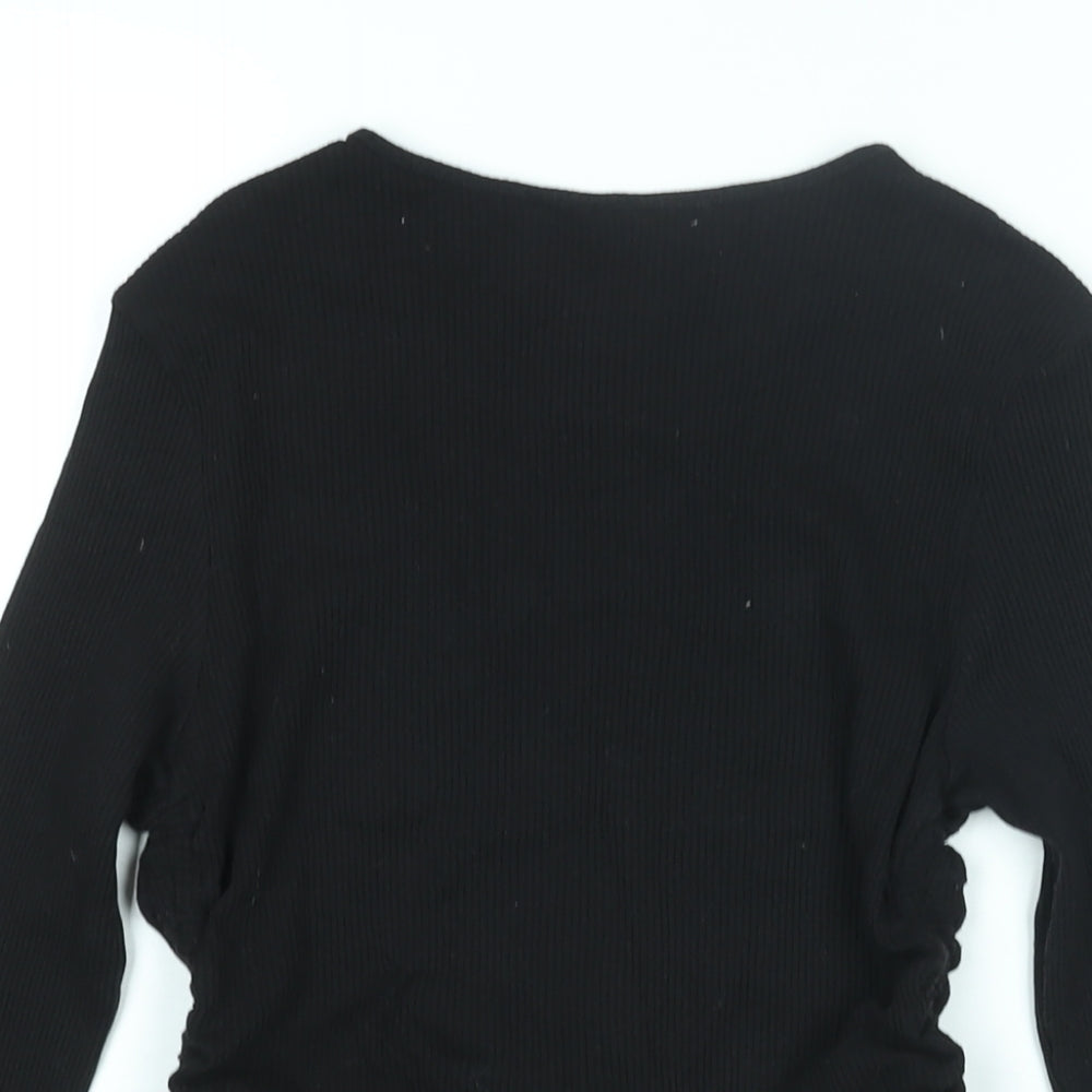 Divided by H&M Womens Black Cotton Basic Blouse Size M Round Neck - Drawstring Detail