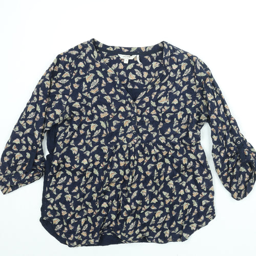 Fat Face Womens Blue Cotton Basic Blouse Size 14 V-Neck - Butterfly Print