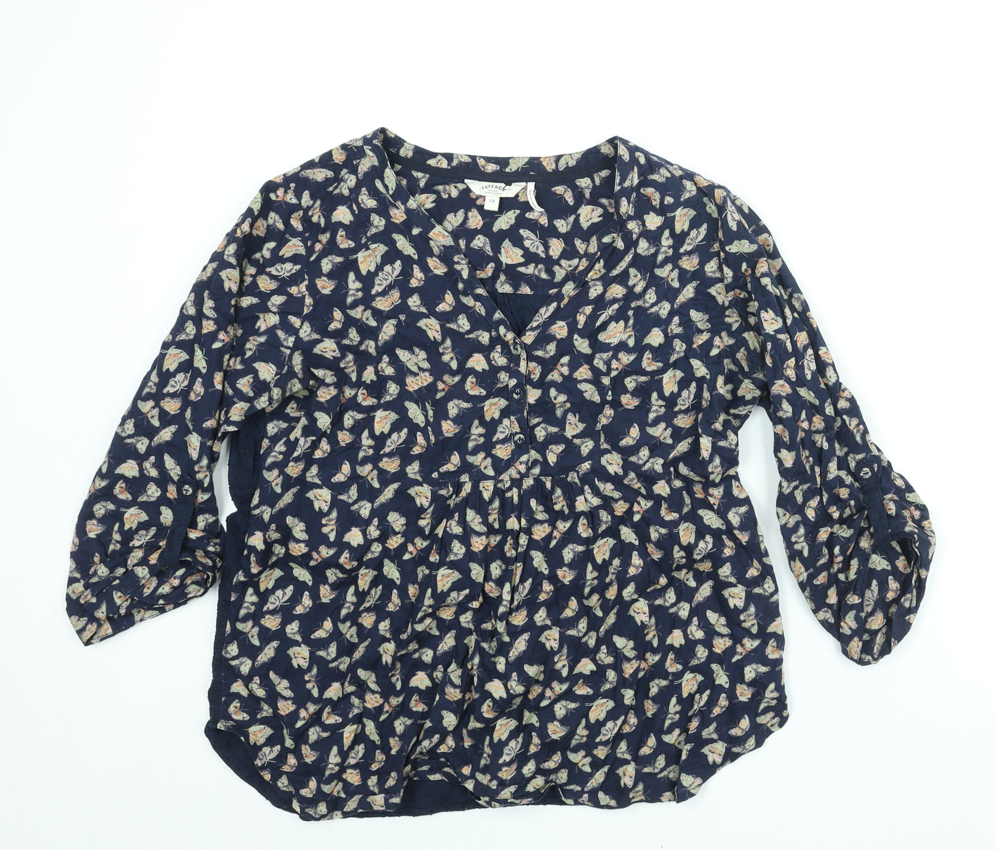 Fat Face Womens Blue Cotton Basic Blouse Size 14 V-Neck - Butterfly Print