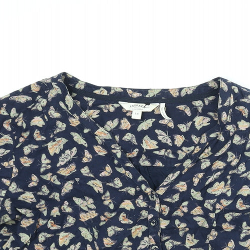 Fat Face Womens Blue Cotton Basic Blouse Size 14 V-Neck - Butterfly Print