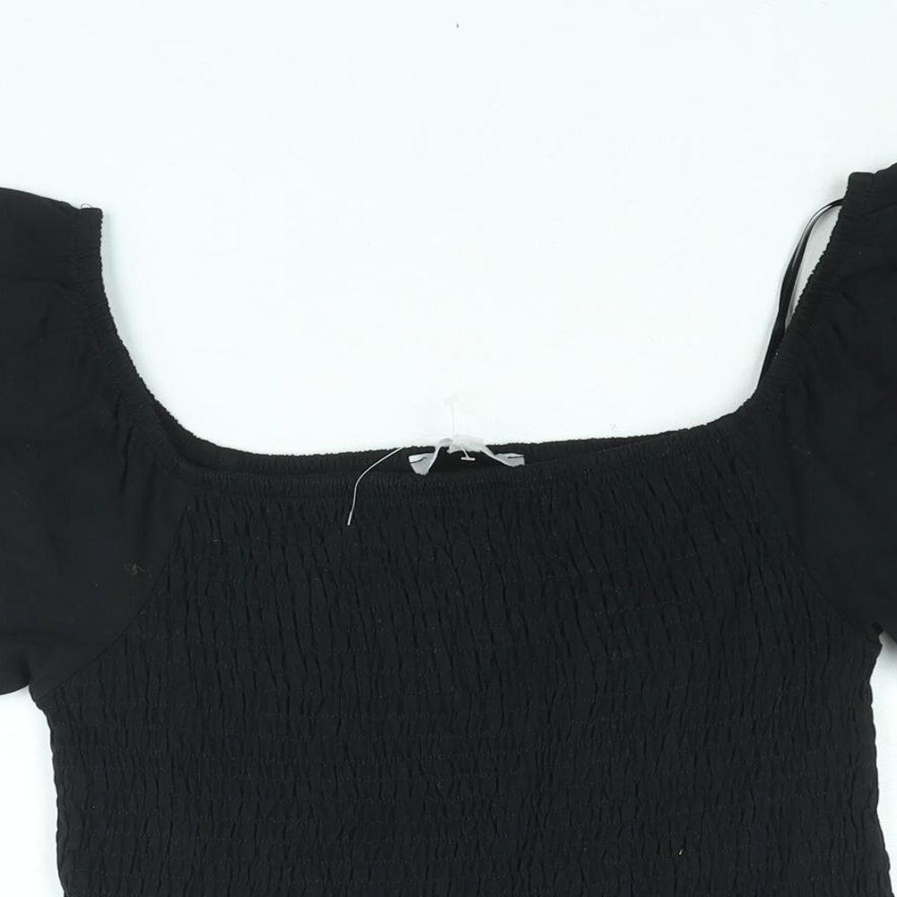 Red Herring Womens Black Cotton Basic Blouse Size 14 Square Neck - Rouched