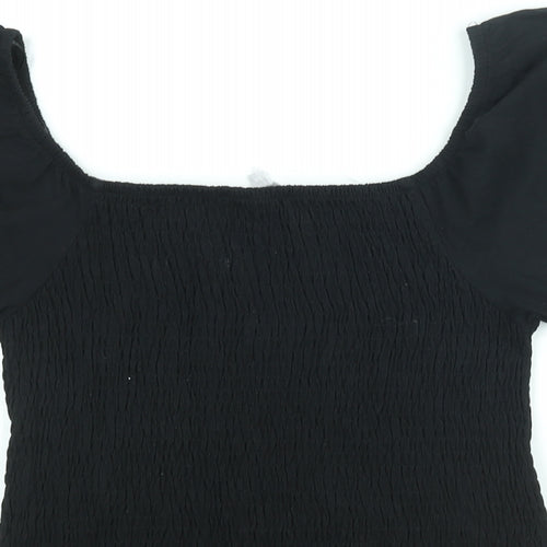 Red Herring Womens Black Cotton Basic Blouse Size 14 Square Neck - Rouched