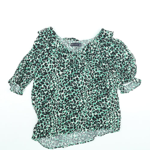 Marks and Spencer Womens Green Animal Print Viscose Basic Blouse Size 10 V-Neck - Frill Leopard Print