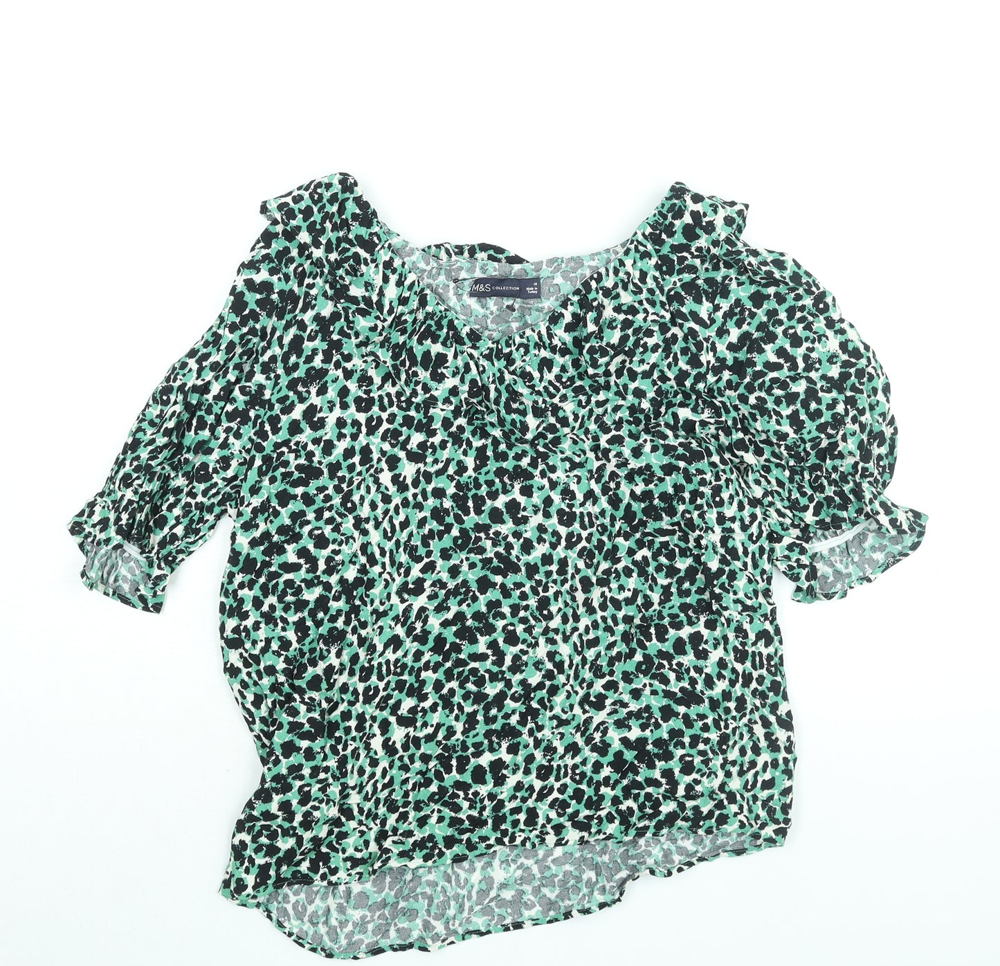 Marks and Spencer Womens Green Animal Print Viscose Basic Blouse Size 10 V-Neck - Frill Leopard Print