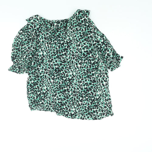 Marks and Spencer Womens Green Animal Print Viscose Basic Blouse Size 10 V-Neck - Frill Leopard Print