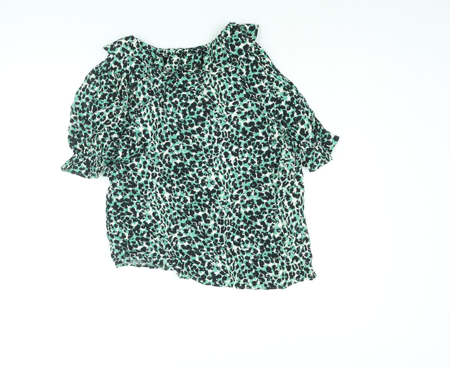 Marks and Spencer Womens Green Animal Print Viscose Basic Blouse Size 10 V-Neck - Frill Leopard Print