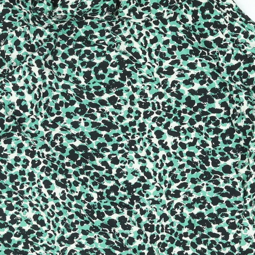 Marks and Spencer Womens Green Animal Print Viscose Basic Blouse Size 10 V-Neck - Frill Leopard Print