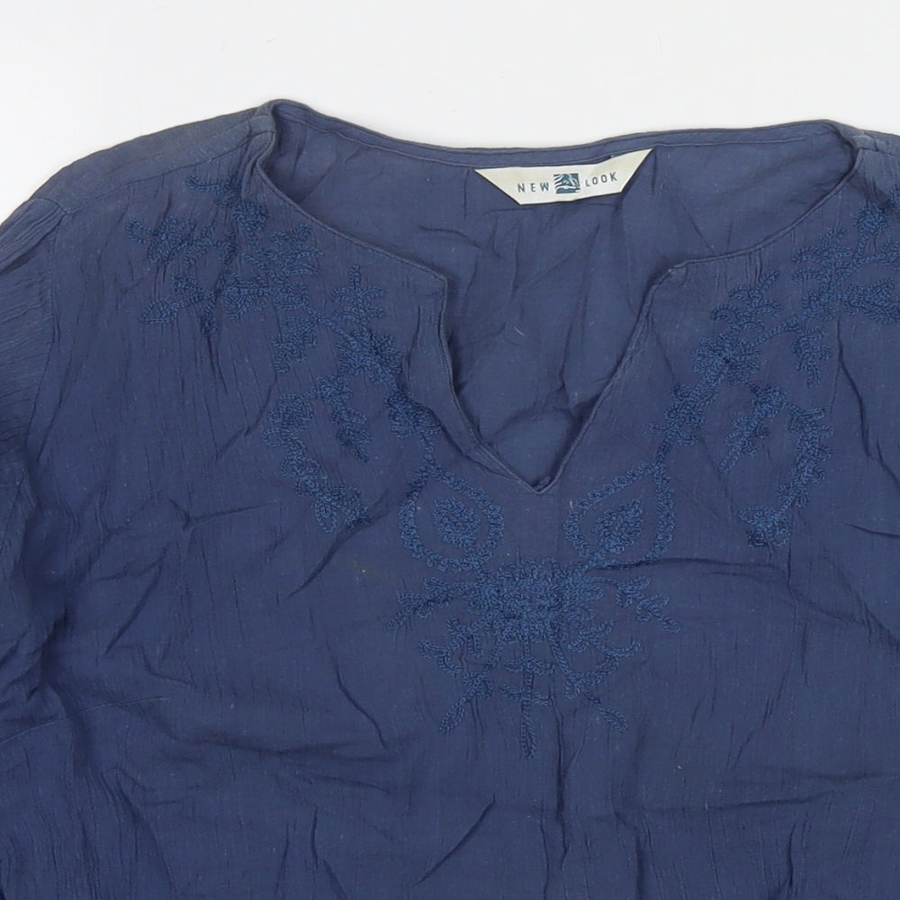 New Look Womens Blue Cotton Basic Blouse Size 14 V-Neck