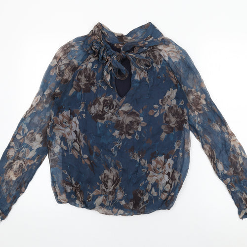 Phase Eight Womens Blue Floral Silk Basic Blouse Size M Round Neck