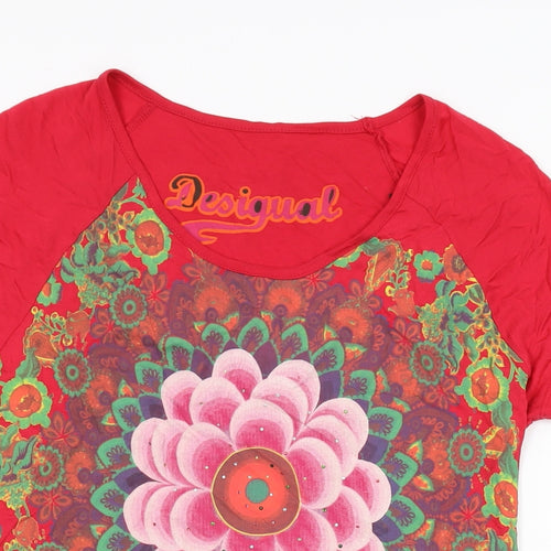 Desigual Womens Pink Floral Cotton Basic T-Shirt Size L Round Neck