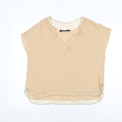 Zara Womens Beige Polyester Basic Blouse Size S V-Neck