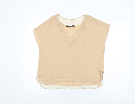 Zara Womens Beige Polyester Basic Blouse Size S V-Neck