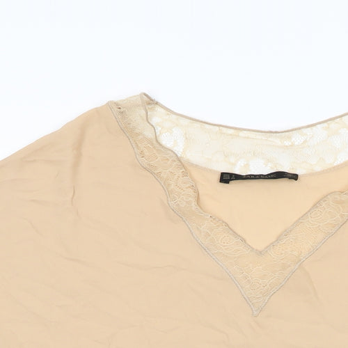 Zara Womens Beige Polyester Basic Blouse Size S V-Neck