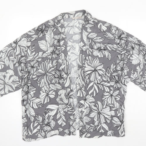 M&S Womens Grey Floral Viscose Kimono Blouse Size 14 V-Neck - Kimono Jacket