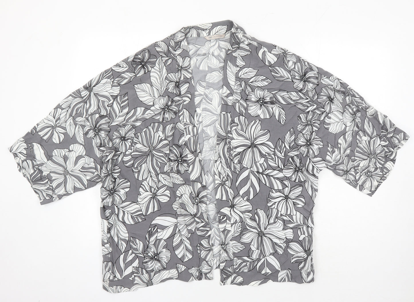 M&S Womens Grey Floral Viscose Kimono Blouse Size 14 V-Neck - Kimono Jacket