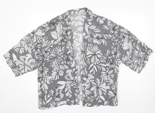 M&S Womens Grey Floral Viscose Kimono Blouse Size 14 V-Neck - Kimono Jacket