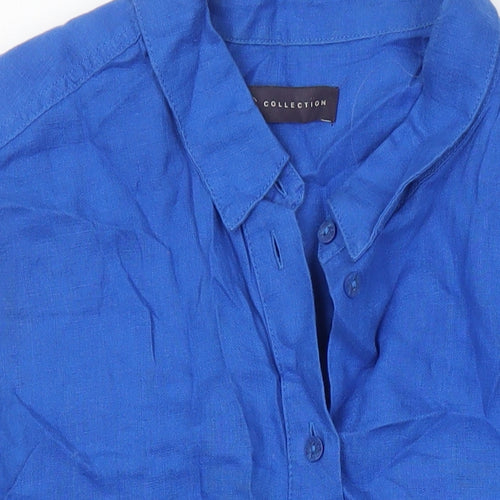 M&S Womens Blue Linen Tunic Blouse Size 12 Collared