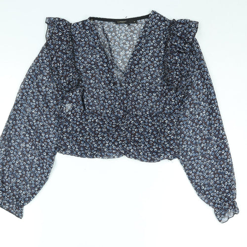 Crep Womens Blue Floral Polyester Cropped Blouse Size S V-Neck - Frill