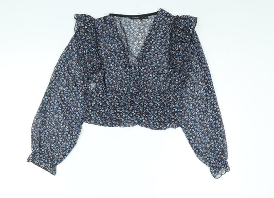 Crep Womens Blue Floral Polyester Cropped Blouse Size S V-Neck - Frill