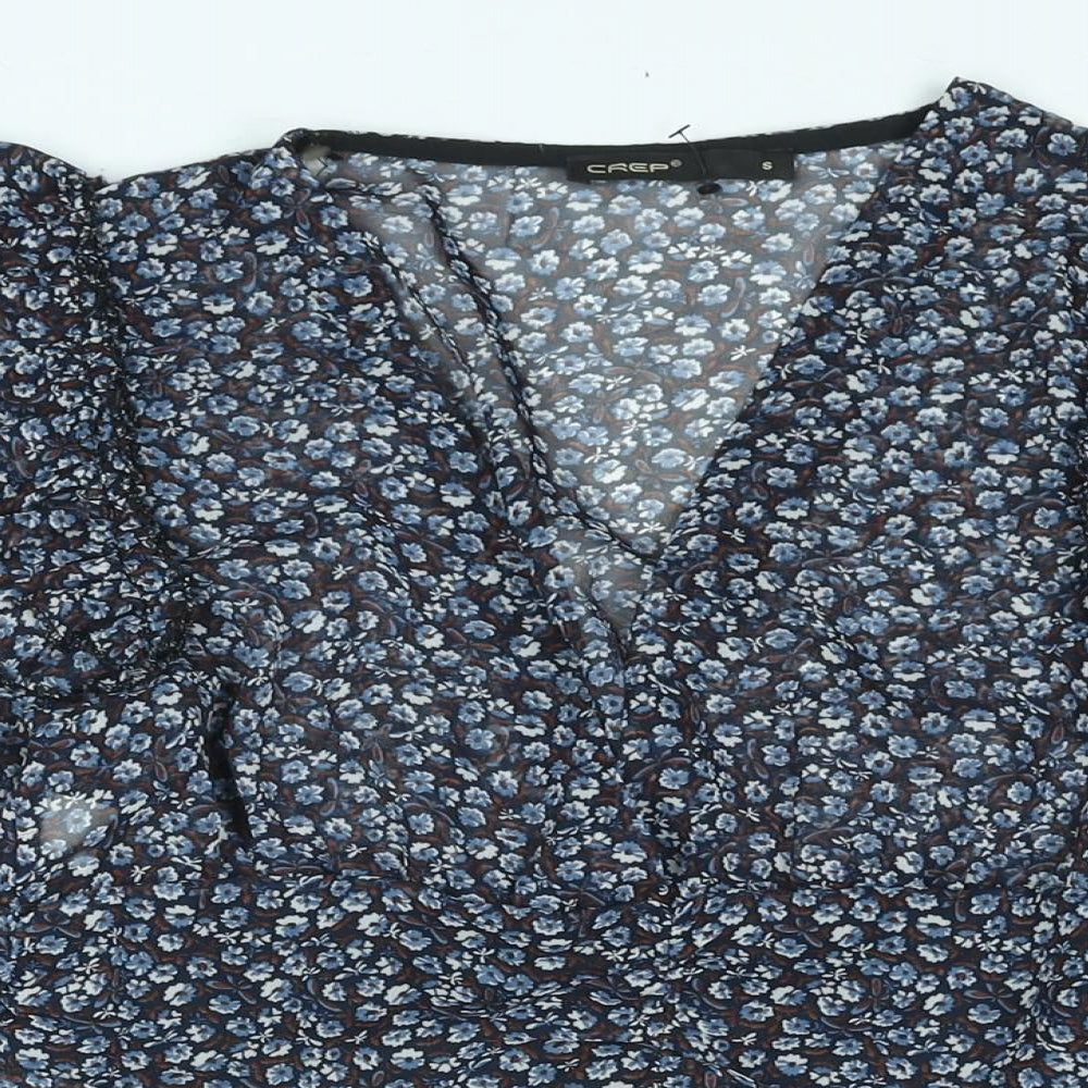 Crep Womens Blue Floral Polyester Cropped Blouse Size S V-Neck - Frill