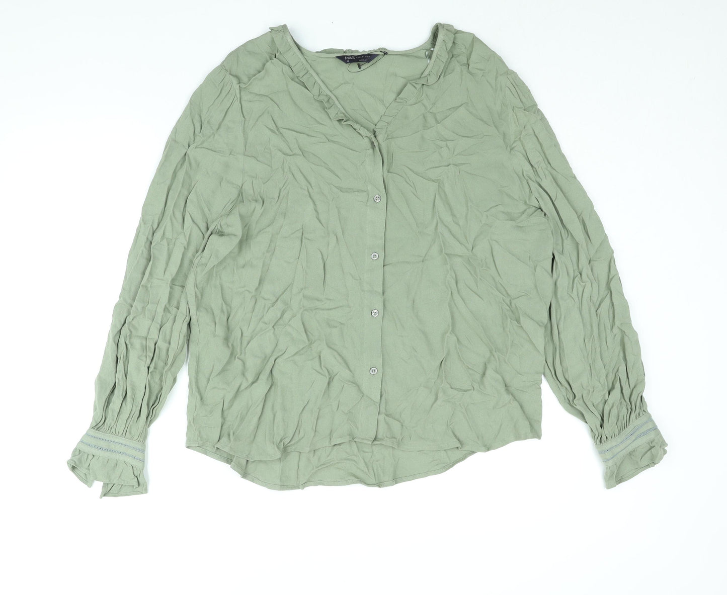 Marks and Spencer Womens Green Viscose Basic Blouse Size 18 V-Neck - Frill