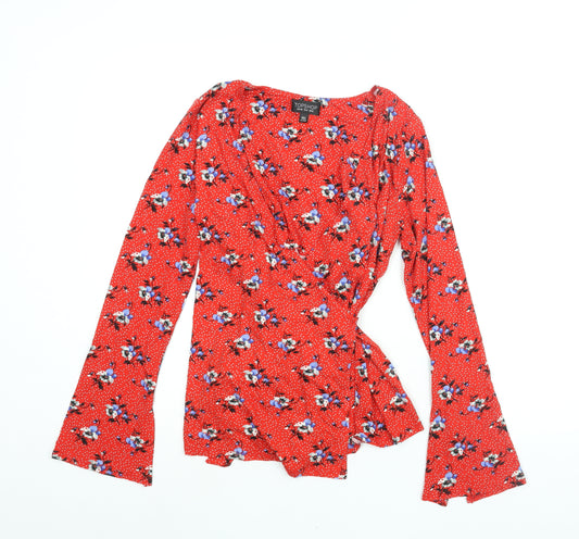 Topshop Womens Red Floral Viscose Wrap Blouse Size 12 V-Neck