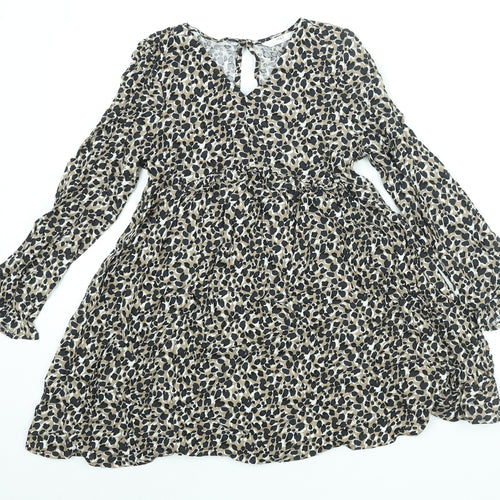 Marks and Spencer Girls Beige Animal Print Viscose A-Line Size 9-10 Years V-Neck Button - Smocked