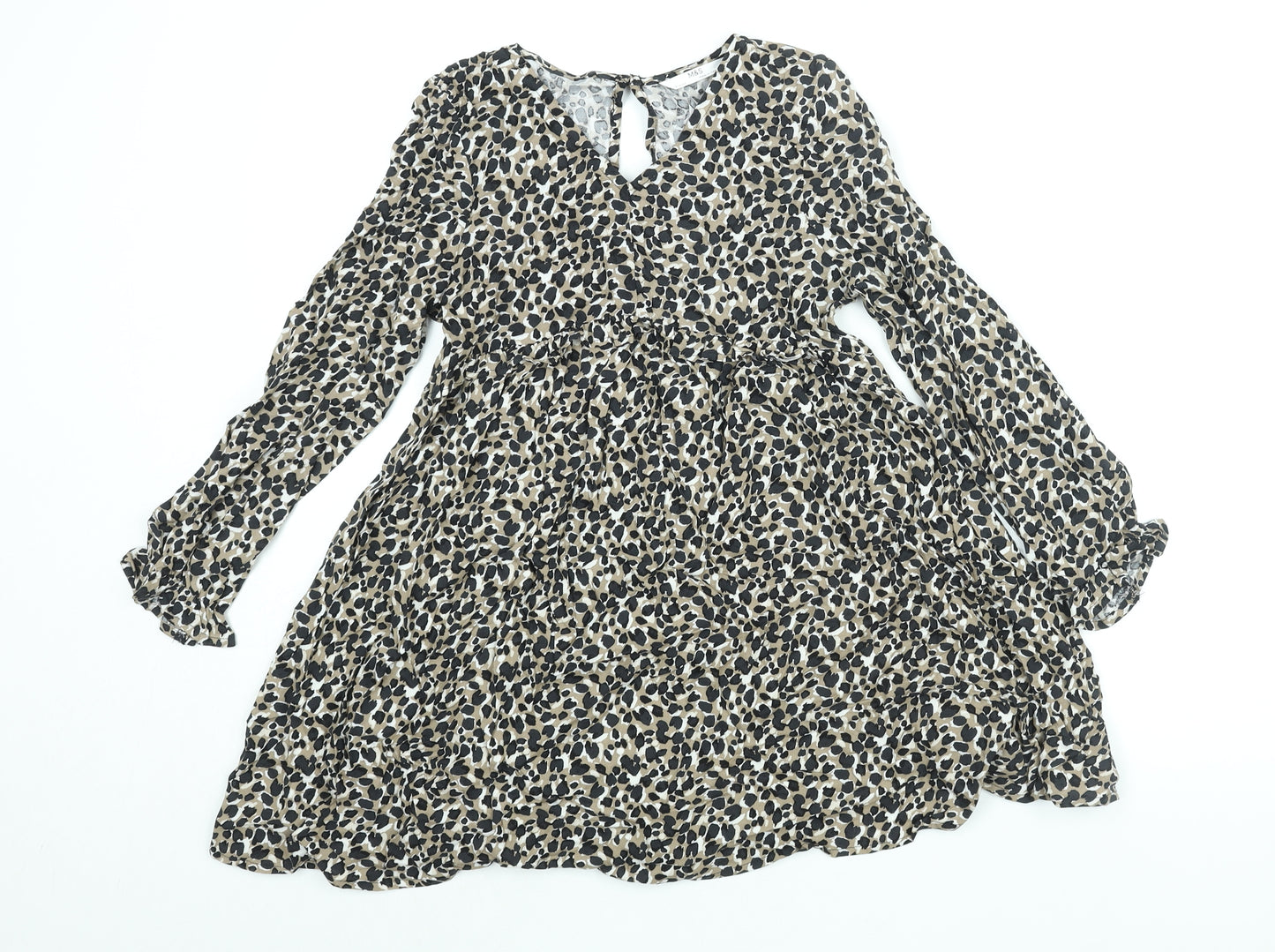 Marks and Spencer Girls Beige Animal Print Viscose A-Line Size 9-10 Years V-Neck Button - Smocked