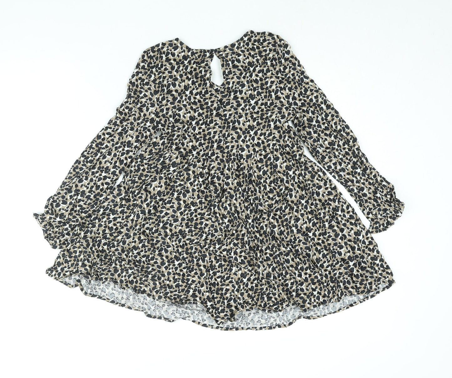 Marks and Spencer Girls Beige Animal Print Viscose A-Line Size 9-10 Years V-Neck Button - Smocked