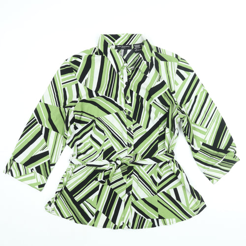 Blue Diamond Womens Green Geometric Polyester Basic Button-Up Size L Collared - Belted