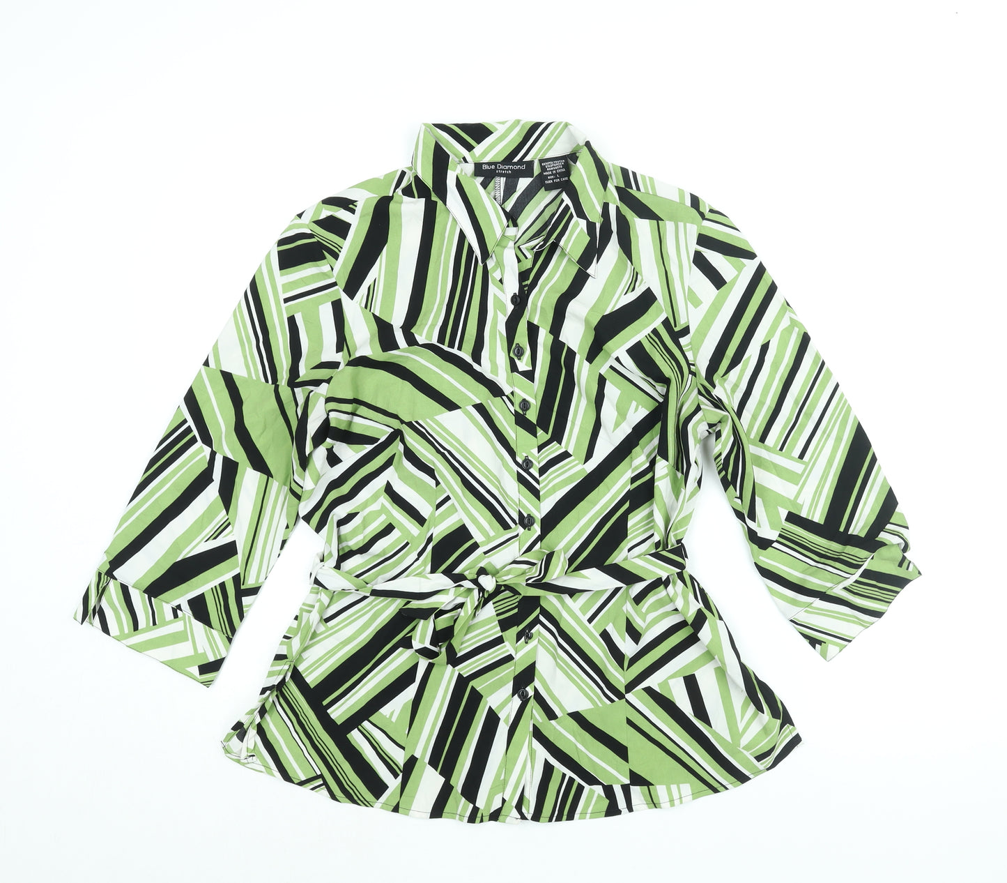 Blue Diamond Womens Green Geometric Polyester Basic Button-Up Size L Collared - Belted