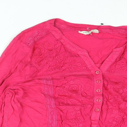 Indigo Womens Pink Cotton Basic Blouse Size 14 V-Neck - Embroidered