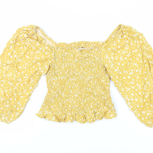 New Look Womens Yellow Floral Viscose Cropped Blouse Size 10 Off the Shoulder - Shirred