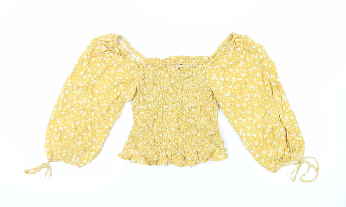 New Look Womens Yellow Floral Viscose Cropped Blouse Size 10 Off the Shoulder - Shirred