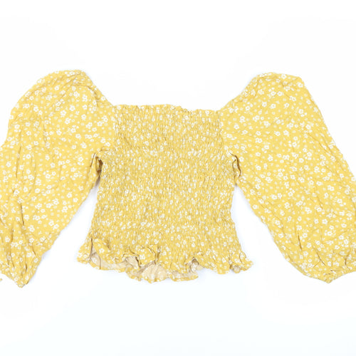 New Look Womens Yellow Floral Viscose Cropped Blouse Size 10 Off the Shoulder - Shirred