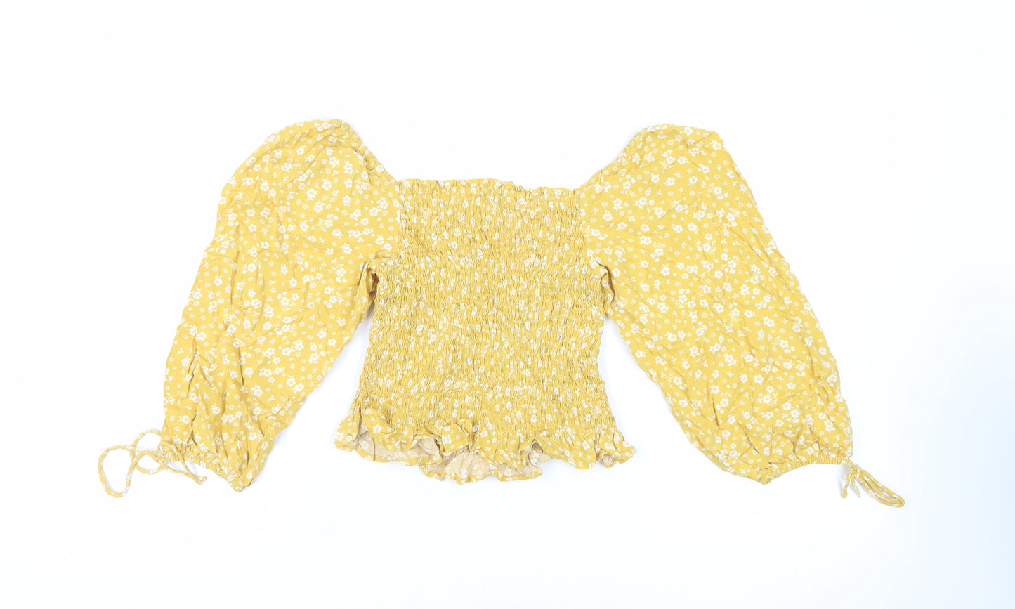 New Look Womens Yellow Floral Viscose Cropped Blouse Size 10 Off the Shoulder - Shirred