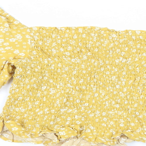 New Look Womens Yellow Floral Viscose Cropped Blouse Size 10 Off the Shoulder - Shirred