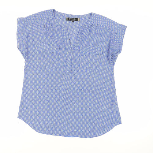 Principles Womens Blue Geometric Polyester Basic Blouse Size 10 V-Neck