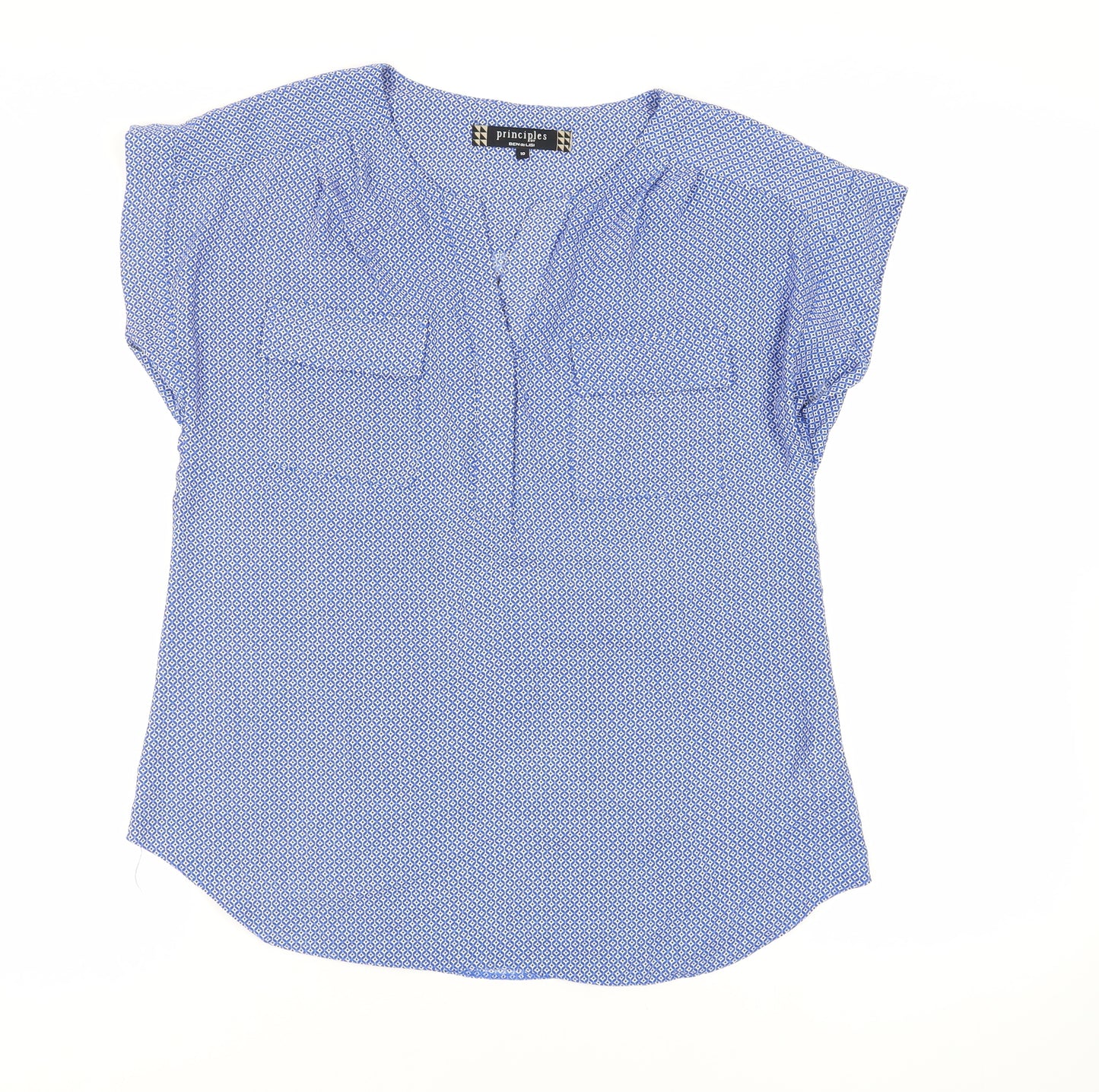 Principles Womens Blue Geometric Polyester Basic Blouse Size 10 V-Neck