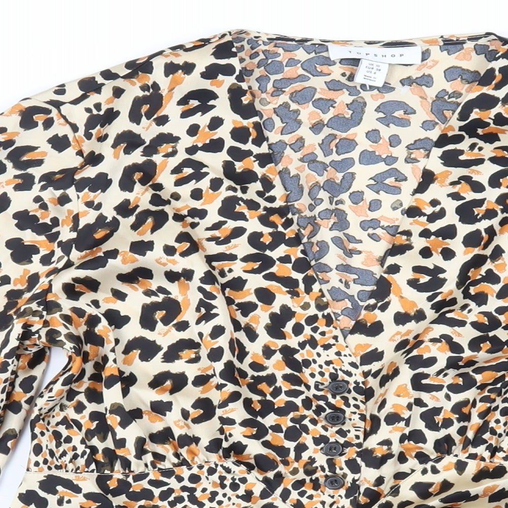 Topshop Womens Beige Animal Print Polyester Basic Blouse Size 10 V-Neck - Tie Front