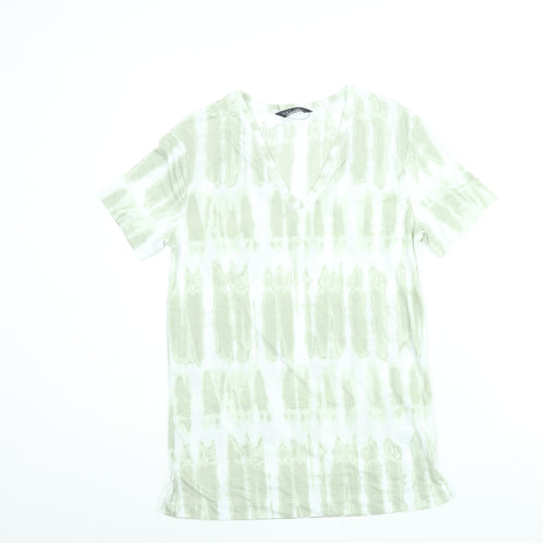 Marks and Spencer Womens Green Geometric Polyester Basic T-Shirt Size 6 V-Neck