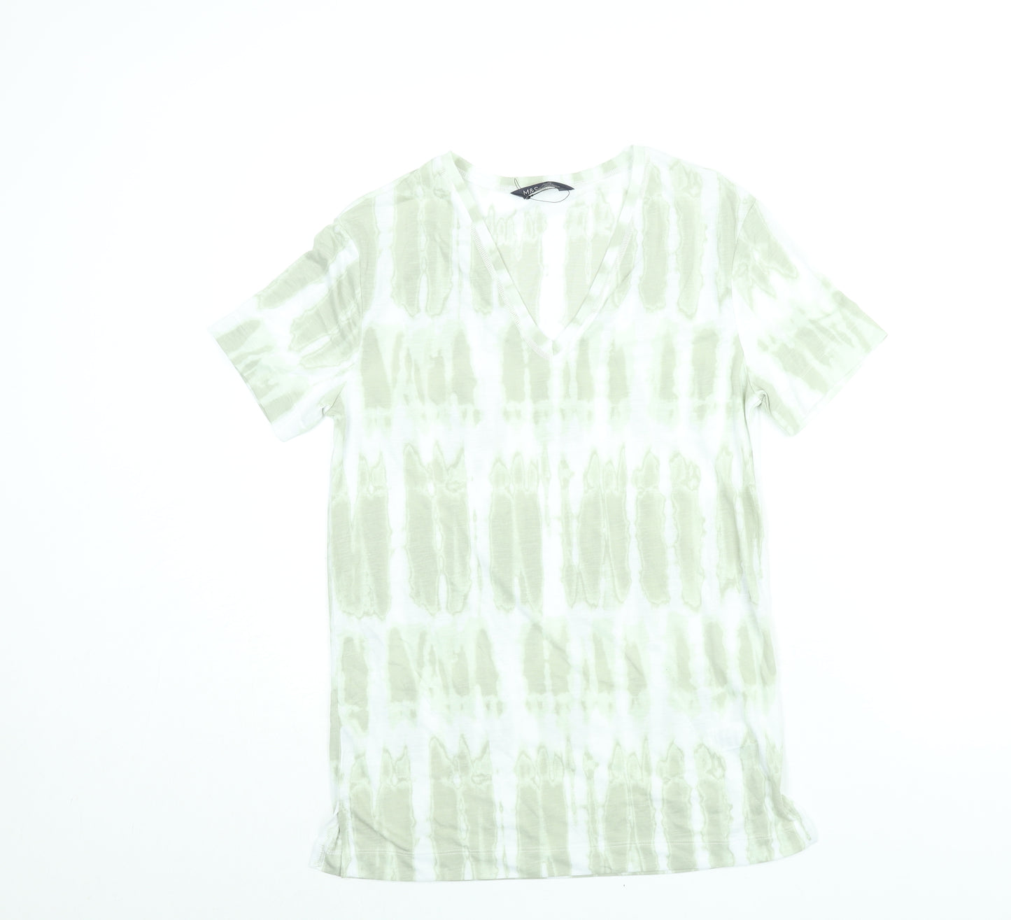 Marks and Spencer Womens Green Geometric Polyester Basic T-Shirt Size 6 V-Neck