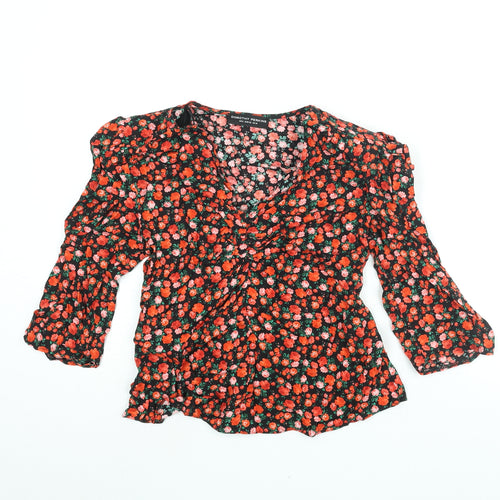 Dorothy Perkins Womens Red Floral Viscose Basic Blouse Size 10 V-Neck - Rouched Belted